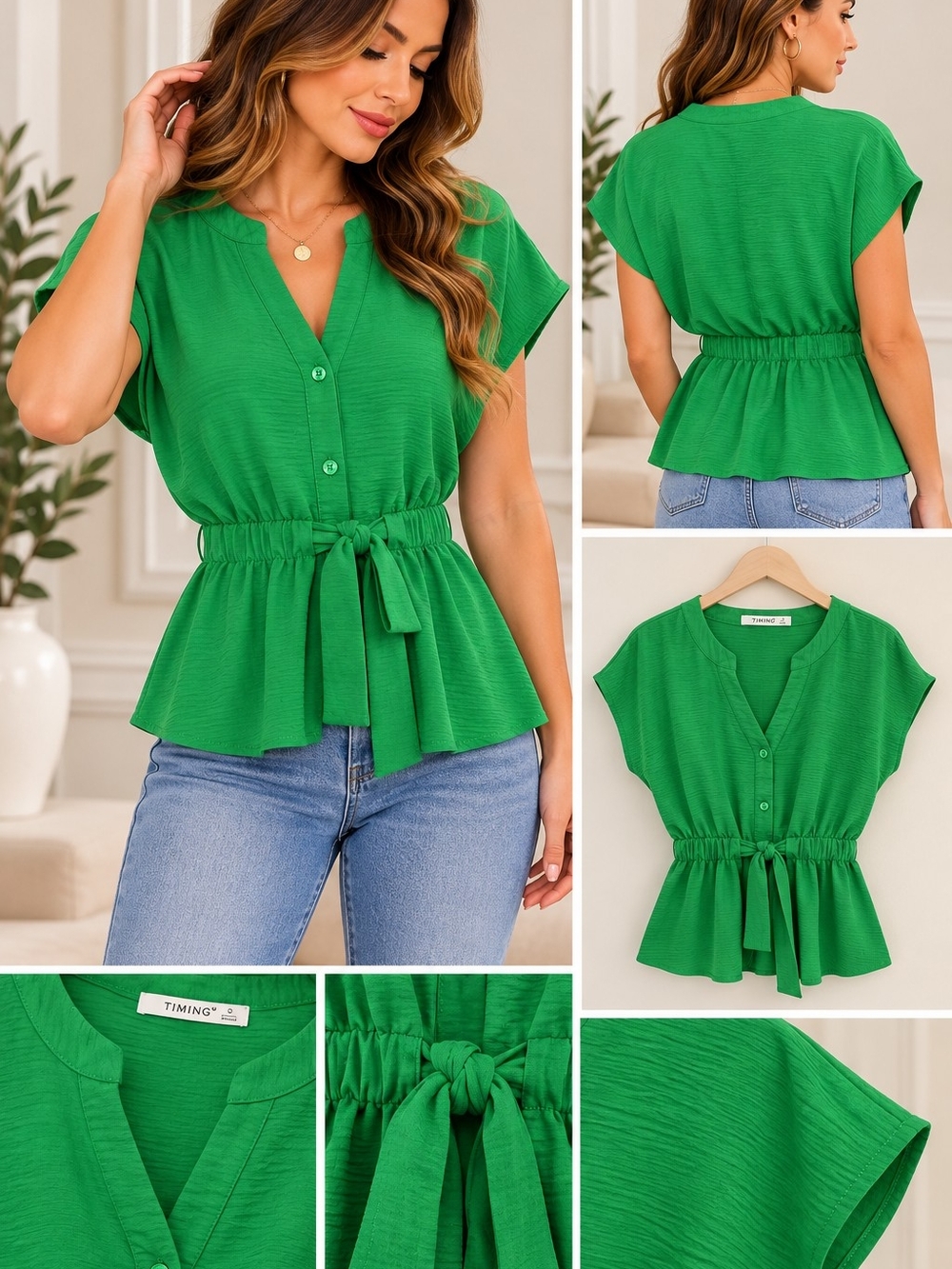 TIMING Vibrant Green Tie-Waist Peplum Blouse